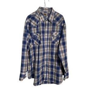 Ely Cattleman Pearl Snap Shirt Mens 2XL  blue Plaid Long Sleeve‎ Western